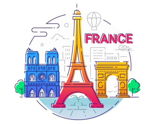 France - modern vector line travel illustration. Have a trip, enjoy your french vacation. Landmark image. An unusual composition with the Eiffel tower, notre dame, arc de triomphe, tree, city, cloud, ballon in the sky background